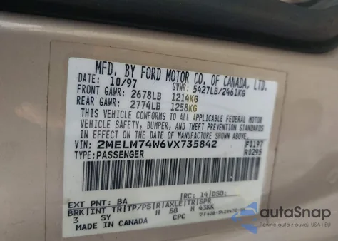 1997 Mercury Grand Marquis Gs z USA, uszkodzony, nr VIN 2MELM74W6VX735842